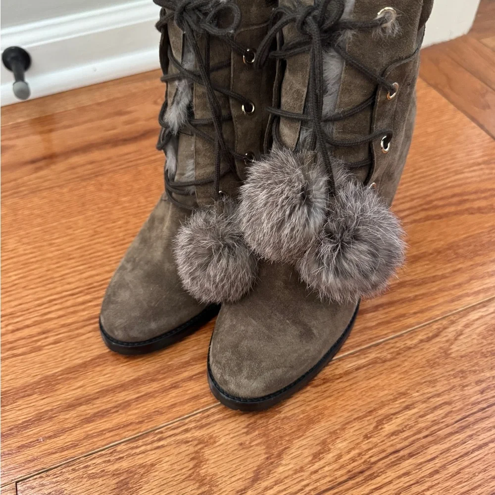 Jimmy Choo Suede Rabbit Fur Elba Heeled Boots. Size 39.